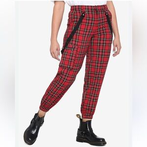 Hot Topic Red Plaid Suspender Jogger Pants.